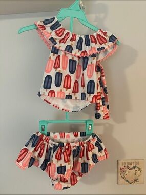 Mud Pie Girls Popsicle Print Ruffle Two-Piece Swimsuit - with matching headband